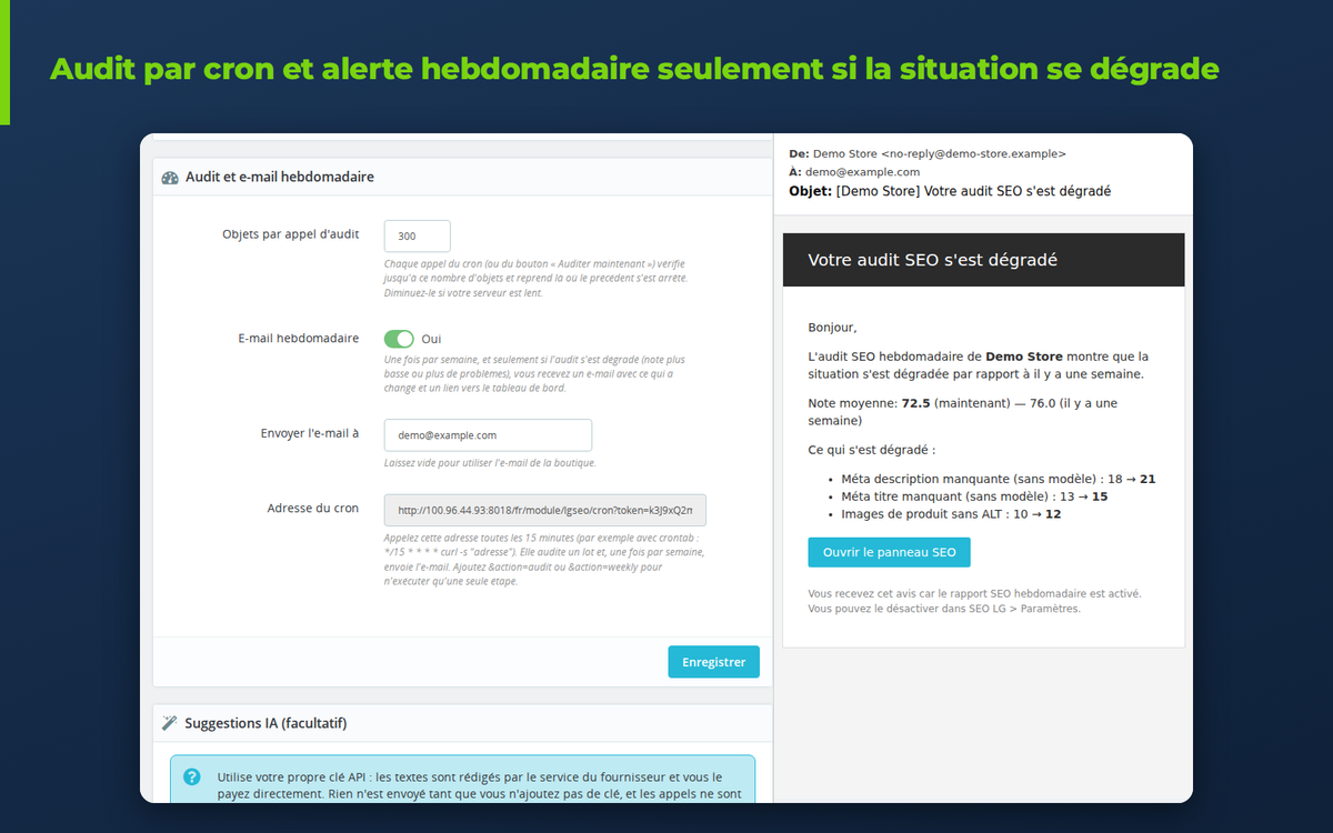 Paramètres du module SEO PrestaShop : URL du cron et alerte hebdomadaire par e-mail