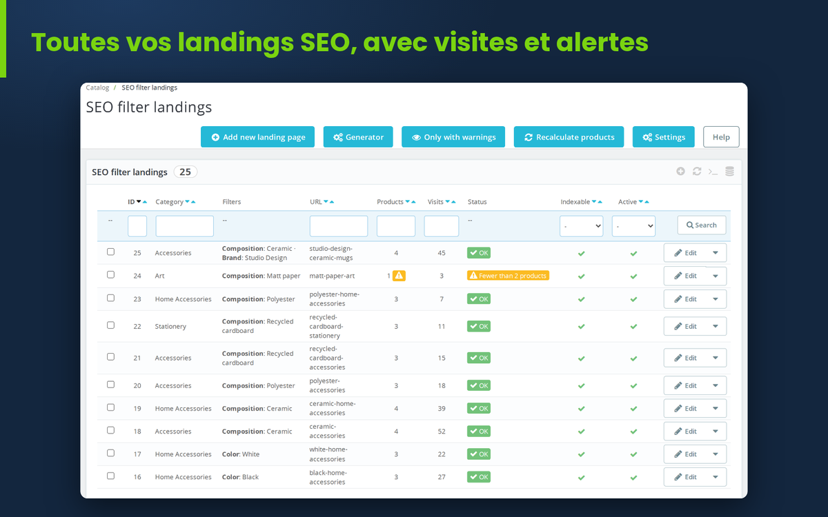 Liste des landing pages SEO de filtres dans le back-office PrestaShop avec visites et statut