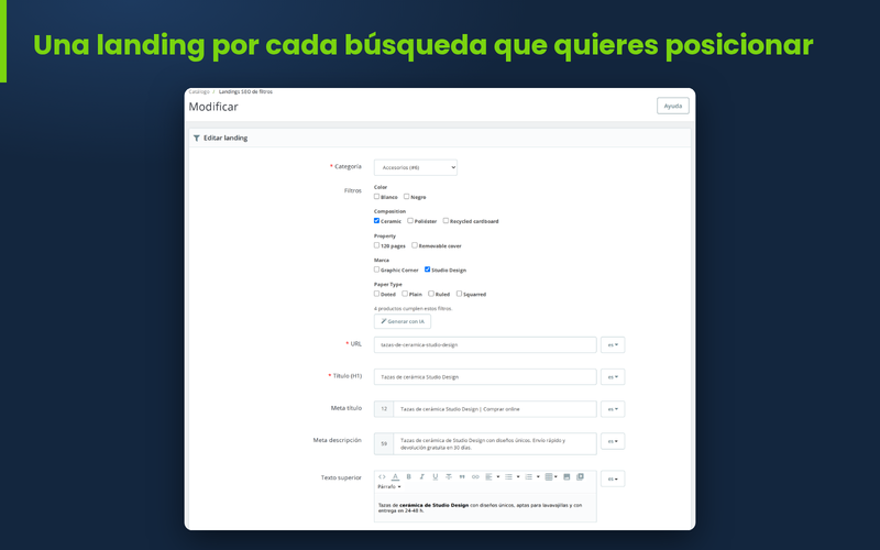Formulario de una landing SEO: categoría, filtros, URL, H1, meta title y textos
