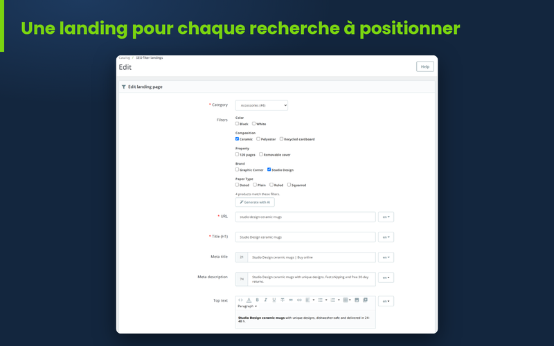 Formulaire d'une landing SEO : catégorie, filtres, URL, H1, meta title et textes