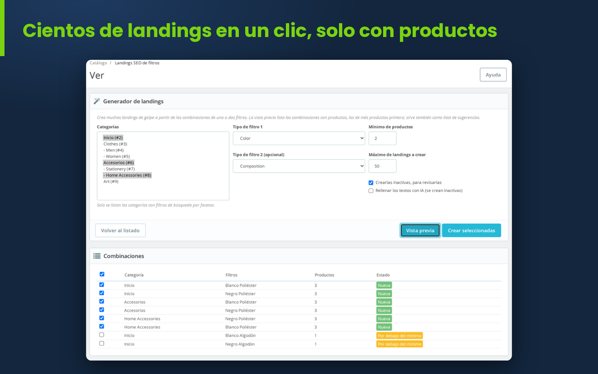 Generador masivo de landings SEO con mínimo de productos y vista previa