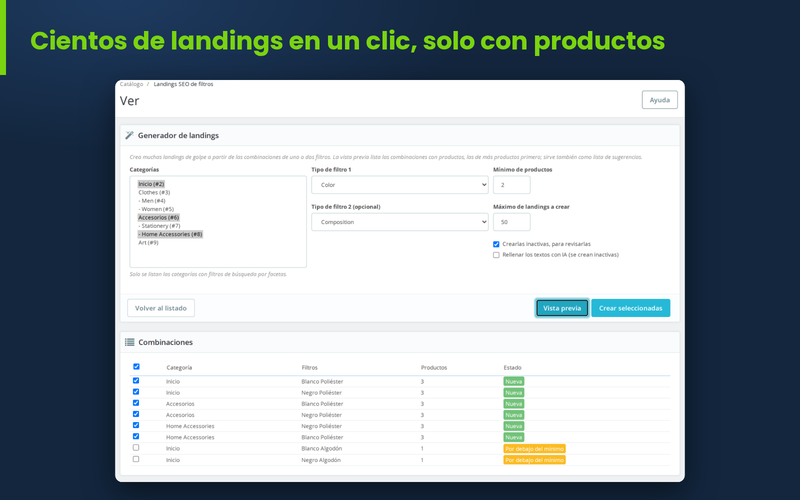 Generador masivo de landings SEO con mínimo de productos y vista previa