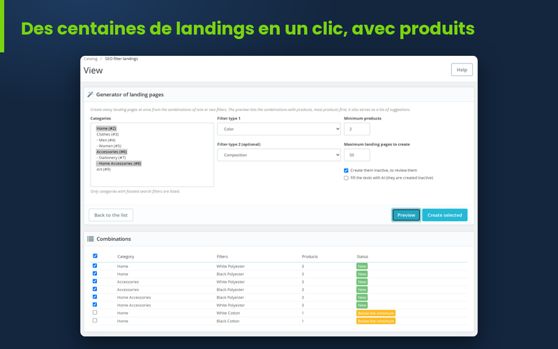 Générateur en masse de landing pages SEO avec minimum de produits et aperçu