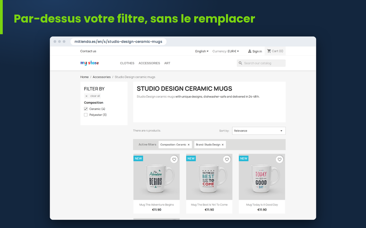 Landing SEO dans la boutique PrestaShop avec H1, texte et filtres ps_facetedsearch