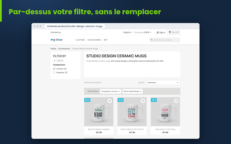 Landing SEO dans la boutique PrestaShop avec H1, texte et filtres ps_facetedsearch