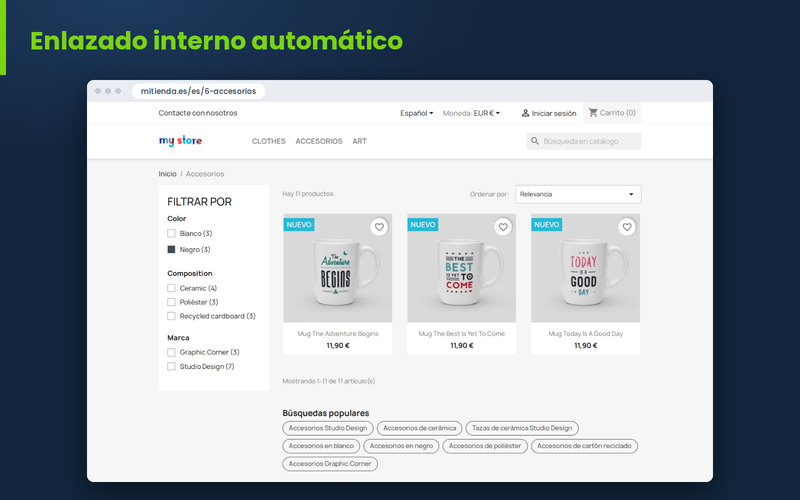 Categoría de PrestaShop con el bloque de enlaces Búsquedas populares