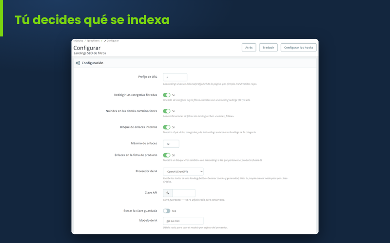 Ajustes del módulo: indexación, prefijo de URL, plantillas e IA opcional