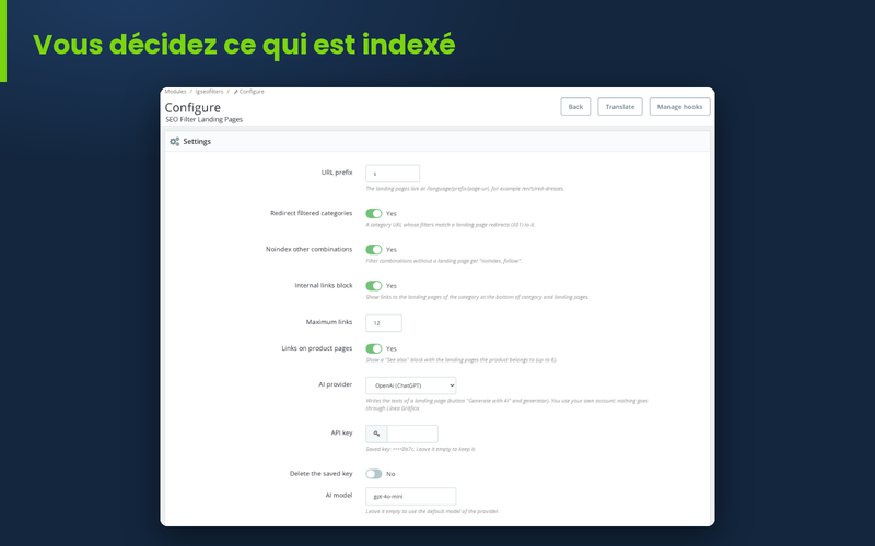 Réglages du module : indexation, préfixe d'URL, modèles et IA en option