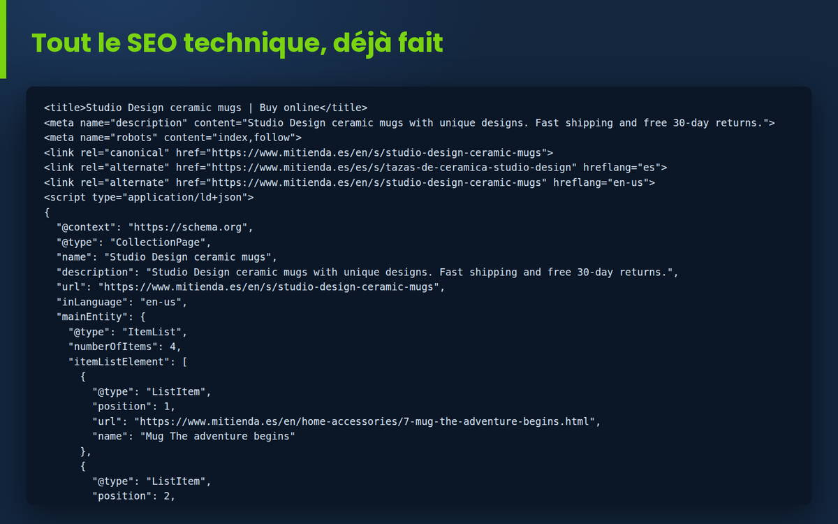 Code de la landing : title, meta, canonical, hreflang et données structurées
