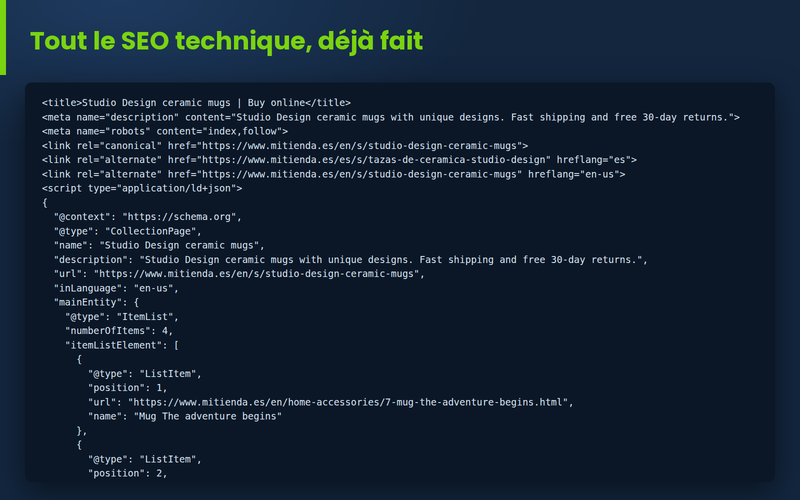 Code de la landing : title, meta, canonical, hreflang et données structurées