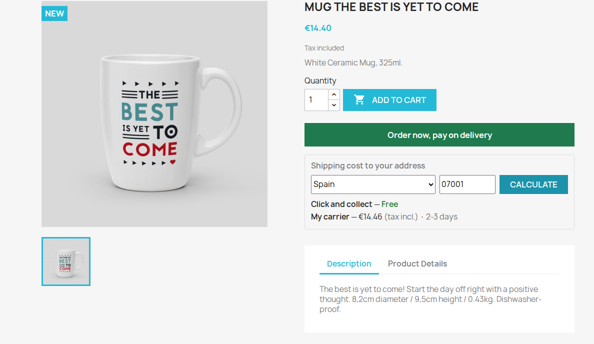 Shipping cost by postcode simulator on the PrestaShop product page