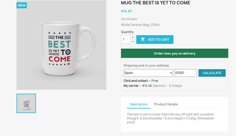 Shipping cost by postcode simulator on the PrestaShop product page