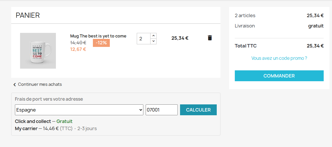 Panier PrestaShop avec frais de port par code postal et délais de livraison