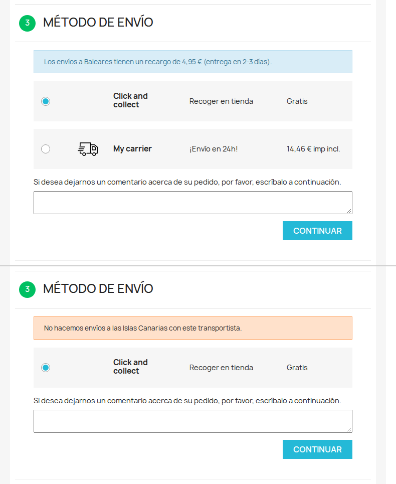 Checkout con recargo de envío a Baleares por código postal