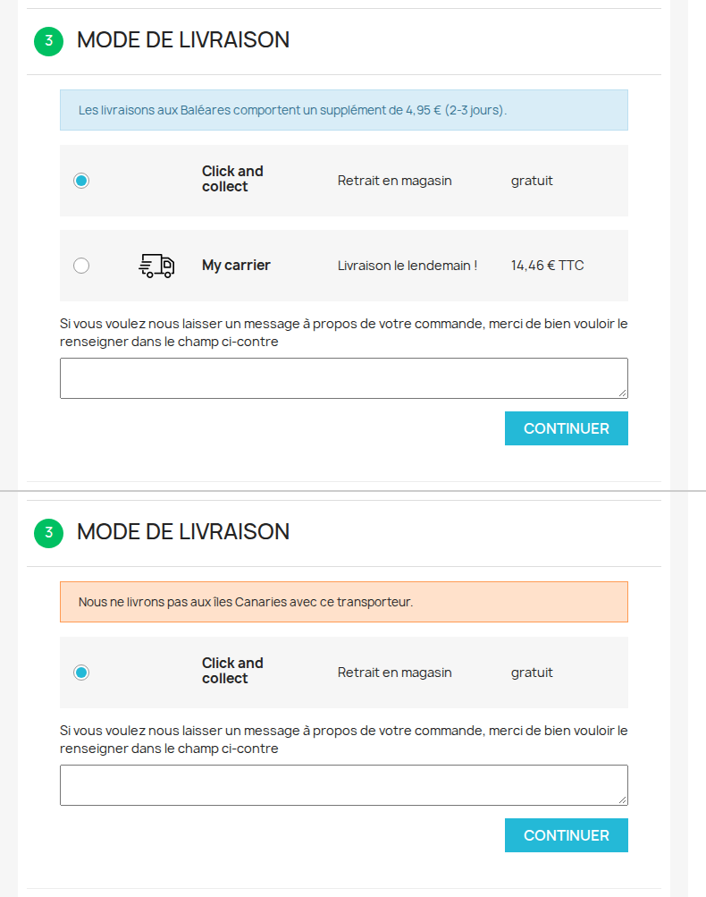Commande avec supplément de livraison pour les îles par code postal