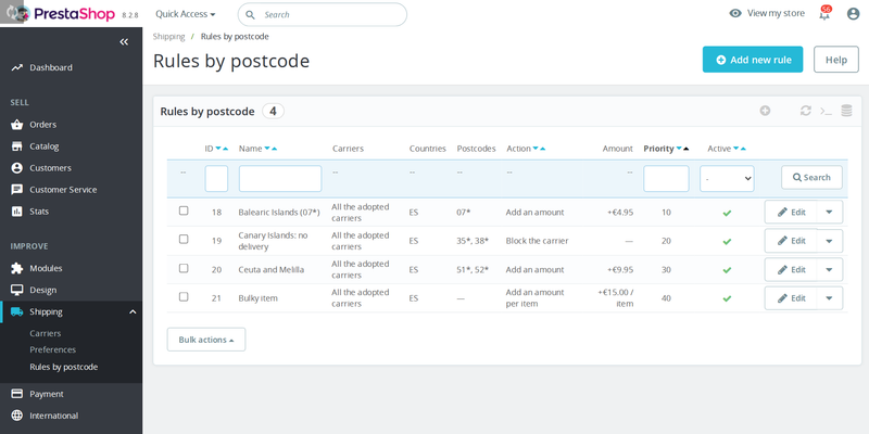 List of shipping cost by postcode rules in the back office