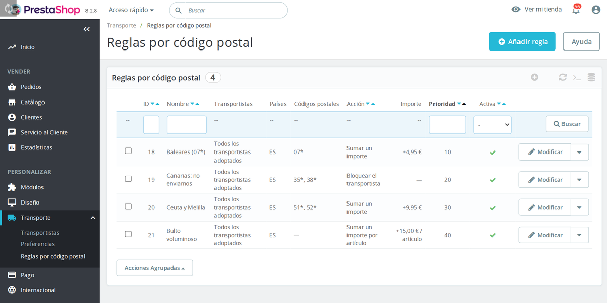 Lista de reglas de gastos de envío por código postal en el back office