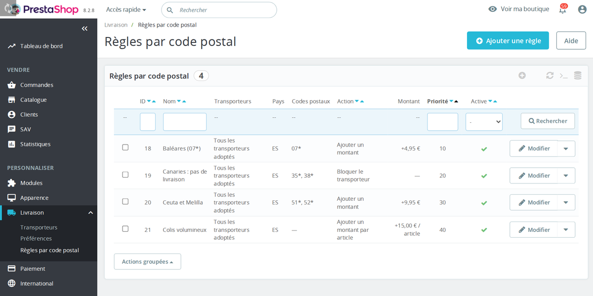 Liste des règles de frais de port par code postal dans le back-office
