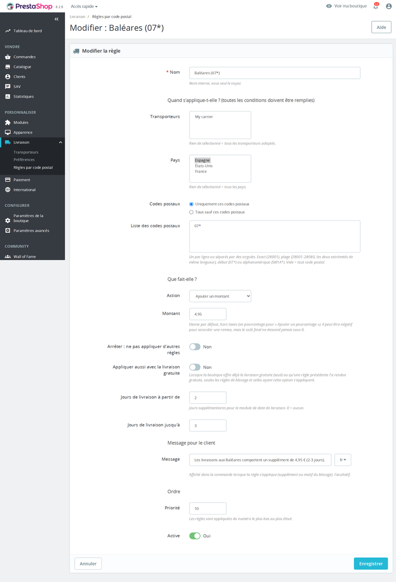 Règle de livraison avec code postal, poids et volume et action de supplément