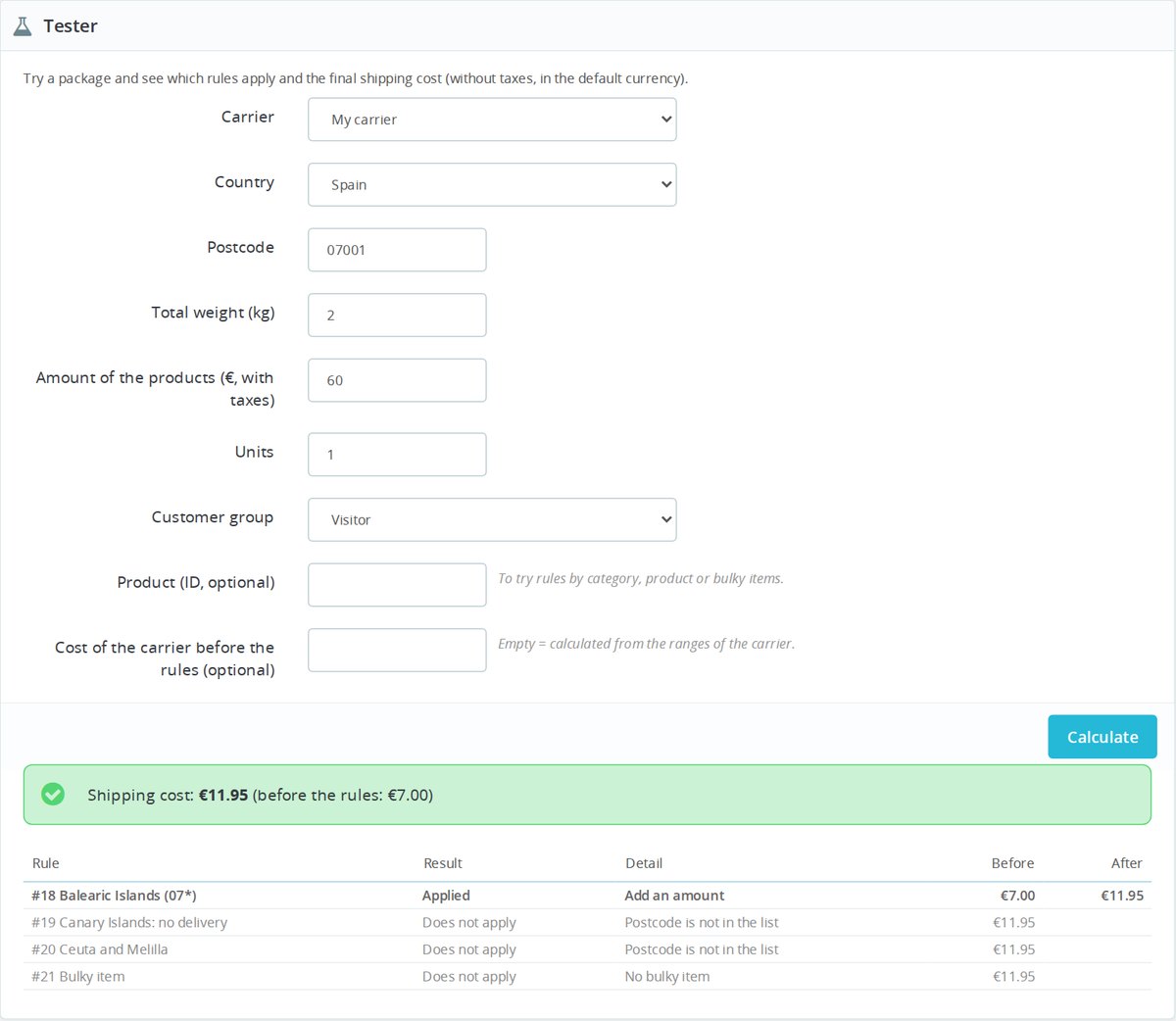 Shipping cost tester with the trace of applied rules