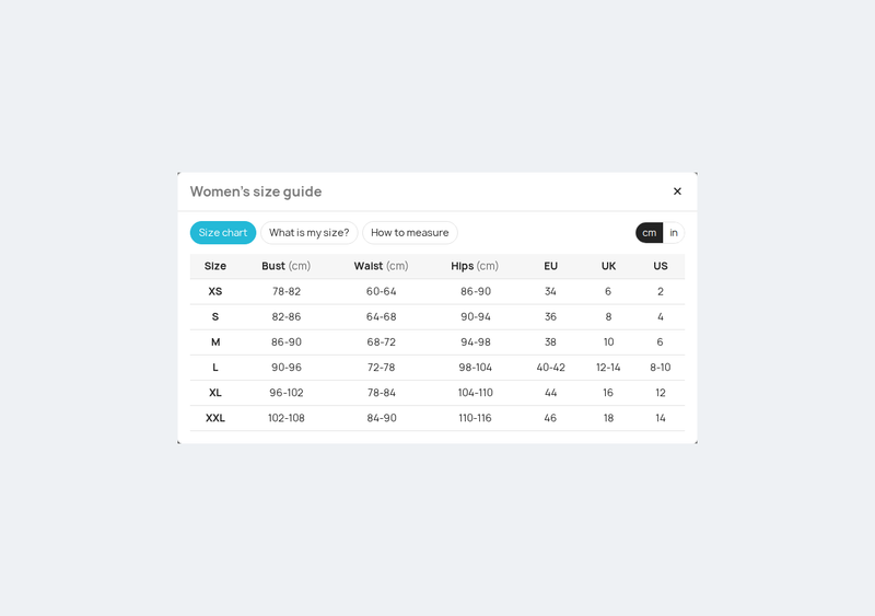 Size chart with cm and inches switch on the product page