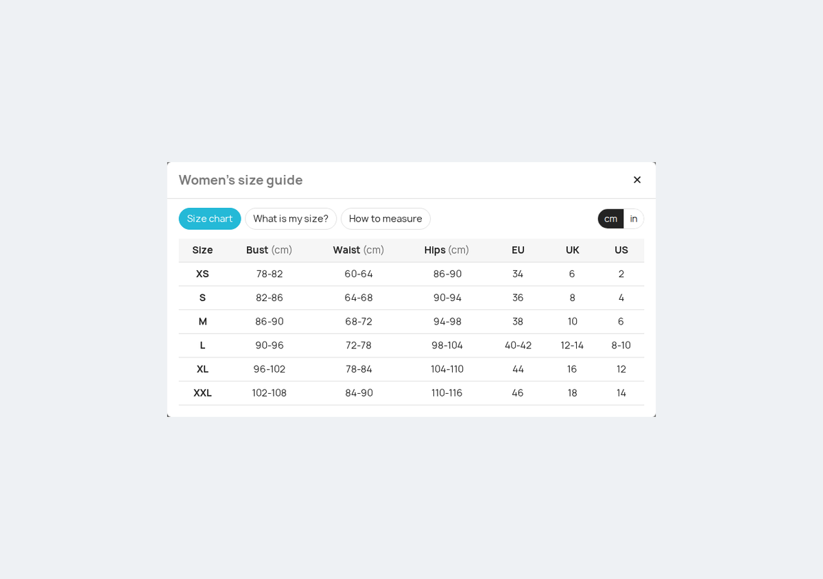 Guide des tailles avec bascule cm et pouces sur la fiche produit