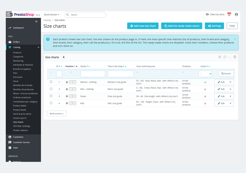 List of size charts by brand and category in the back office