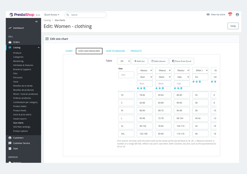 Size chart editor with paste from Excel