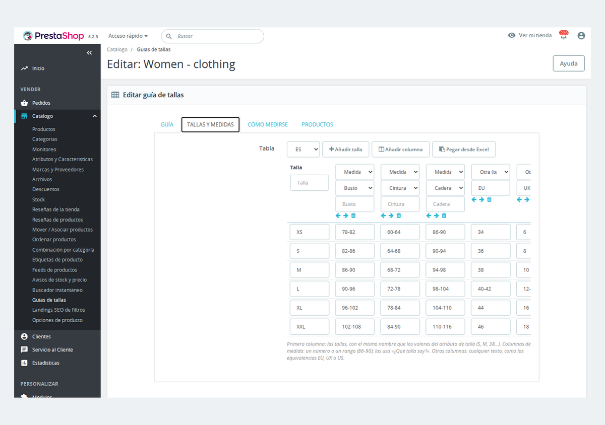 Editor de tabla de tallas con pegado desde Excel