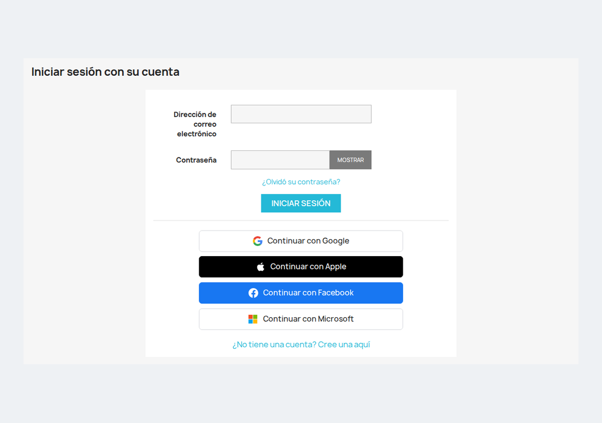 Página de inicio de sesión de PrestaShop con botones de login social de Google, Apple, Facebook y Microsoft