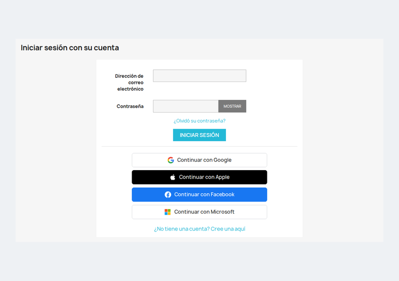 Página de inicio de sesión de PrestaShop con botones de login social de Google, Apple, Facebook y Microsoft