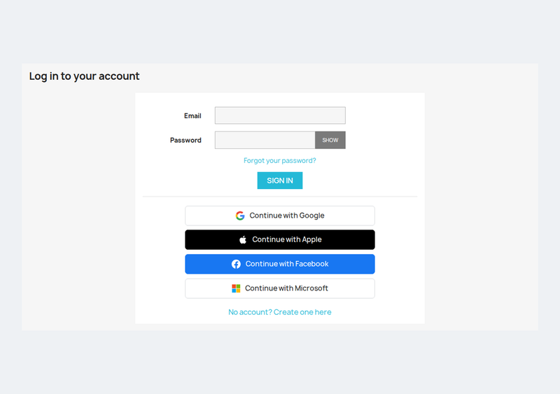 Page de connexion PrestaShop avec boutons de connexion sociale Google, Apple, Facebook et Microsoft