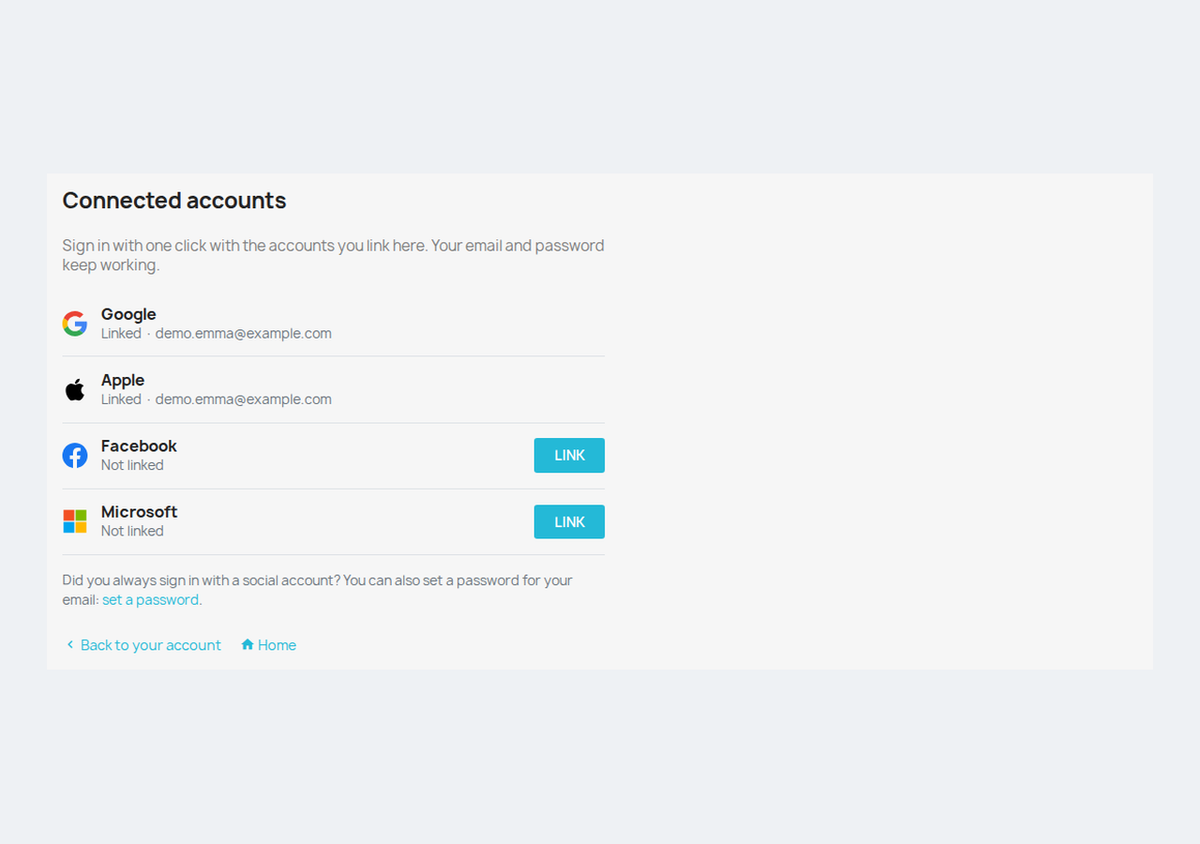 Connected accounts in My account: link and unlink Google, Apple, Facebook and Microsoft