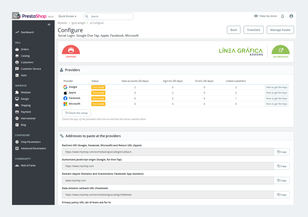 Social Login module settings: status, sign-ups and logins per provider