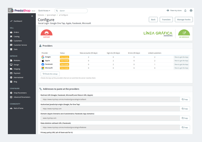 Configuration du module Social Login : état, inscriptions et connexions par fournisseur