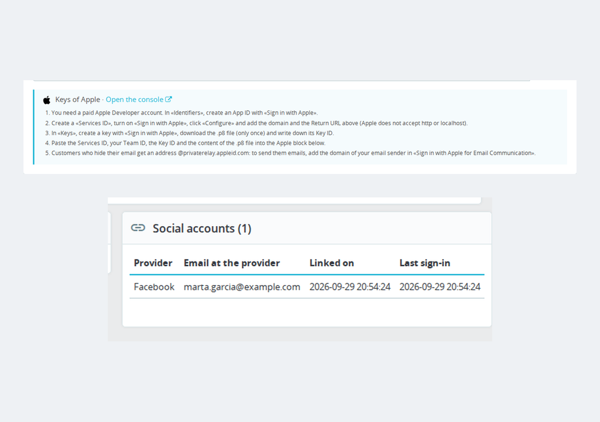 Step-by-step guide to create the Apple keys with the redirect URL to copy