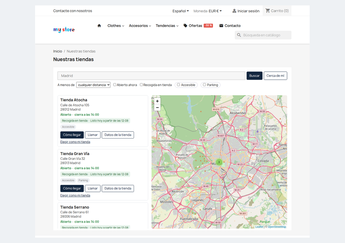 Página del localizador de tiendas de PrestaShop con mapa OpenStreetMap, buscador y filtros