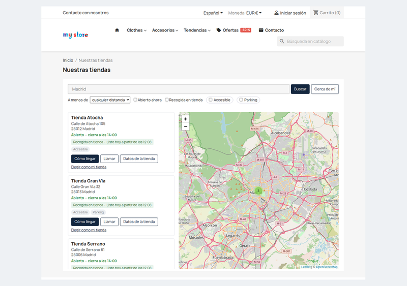 Página del localizador de tiendas de PrestaShop con mapa OpenStreetMap, buscador y filtros