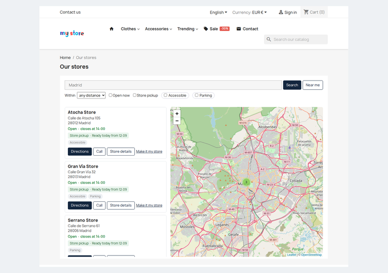 Page du localisateur de magasins PrestaShop avec carte OpenStreetMap, recherche et filtres