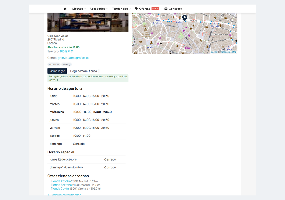 Ficha SEO de una tienda con horario, días festivos, cómo llegar y tiendas cercanas