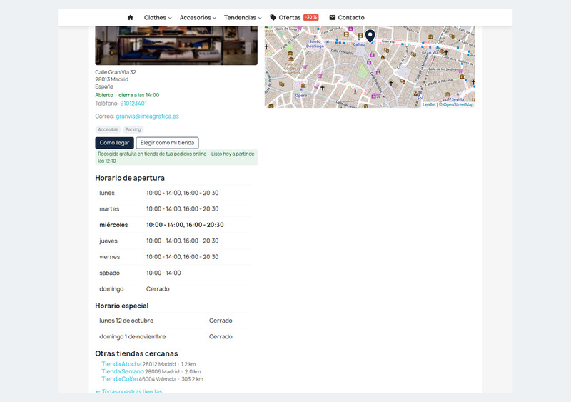 Ficha SEO de una tienda con horario, días festivos, cómo llegar y tiendas cercanas
