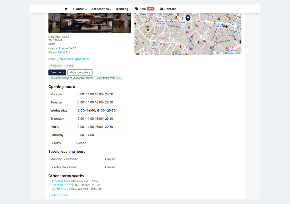 Page SEO d’un magasin avec horaires, jours fériés, itinéraire et magasins proches