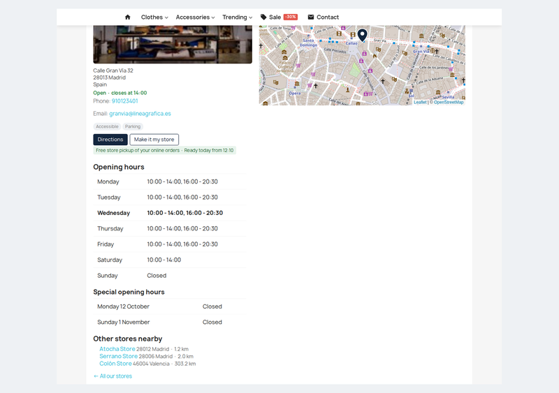 Page SEO d’un magasin avec horaires, jours fériés, itinéraire et magasins proches