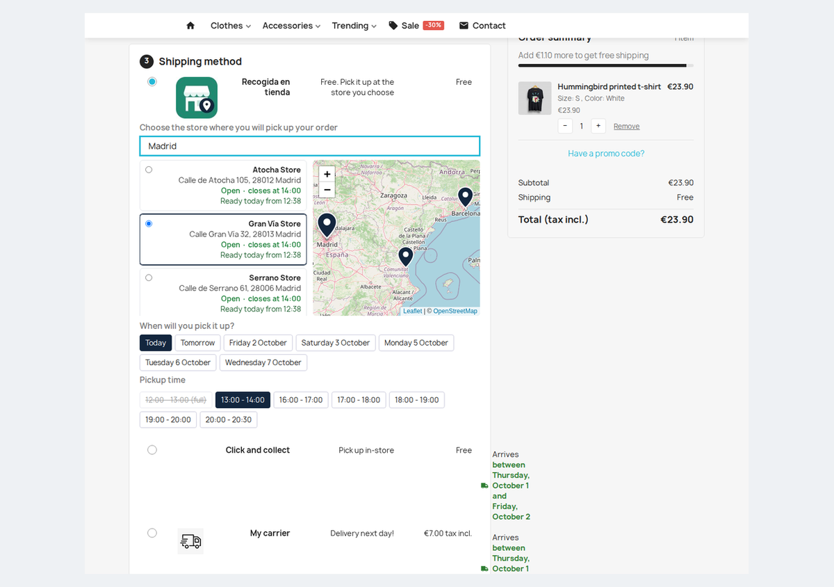 In-store pickup at PrestaShop checkout choosing store, day and time slot