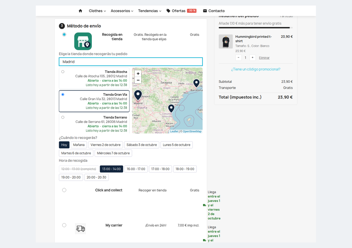 Recogida en tienda en el checkout de PrestaShop con elección de tienda, día y franja horaria