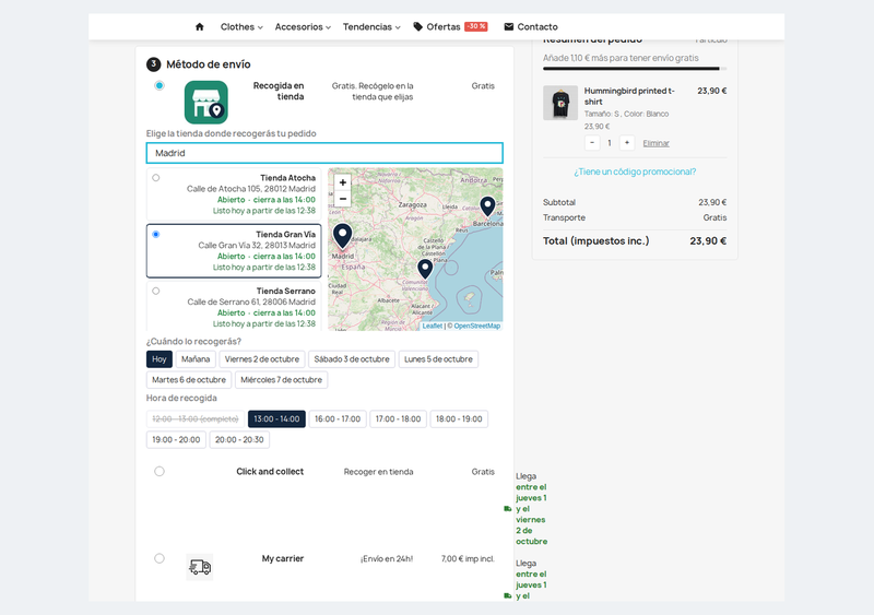 Recogida en tienda en el checkout de PrestaShop con elección de tienda, día y franja horaria
