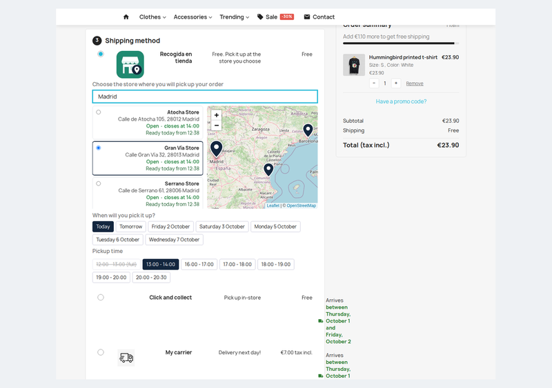 Retrait en magasin au paiement PrestaShop avec choix du magasin, du jour et du créneau