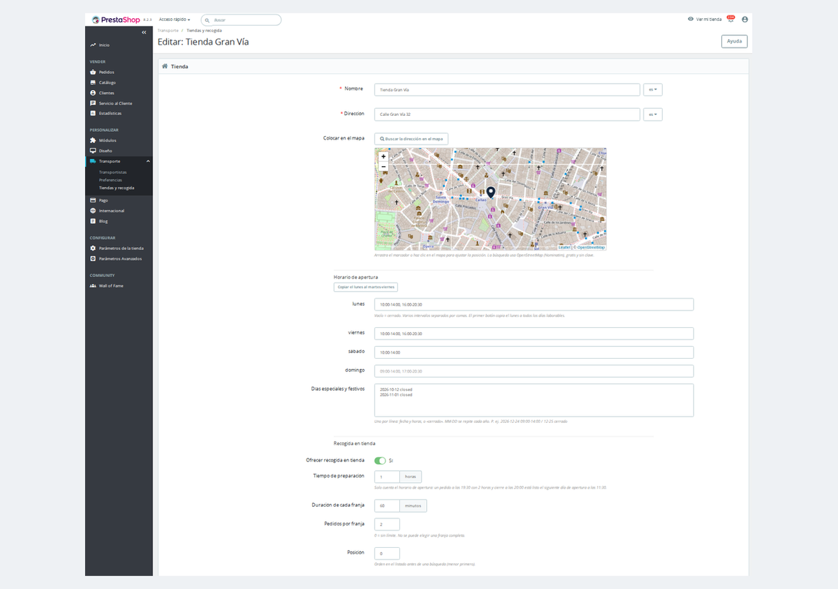 Formulario de la tienda en el back office con mapa, horario por tramos y días especiales