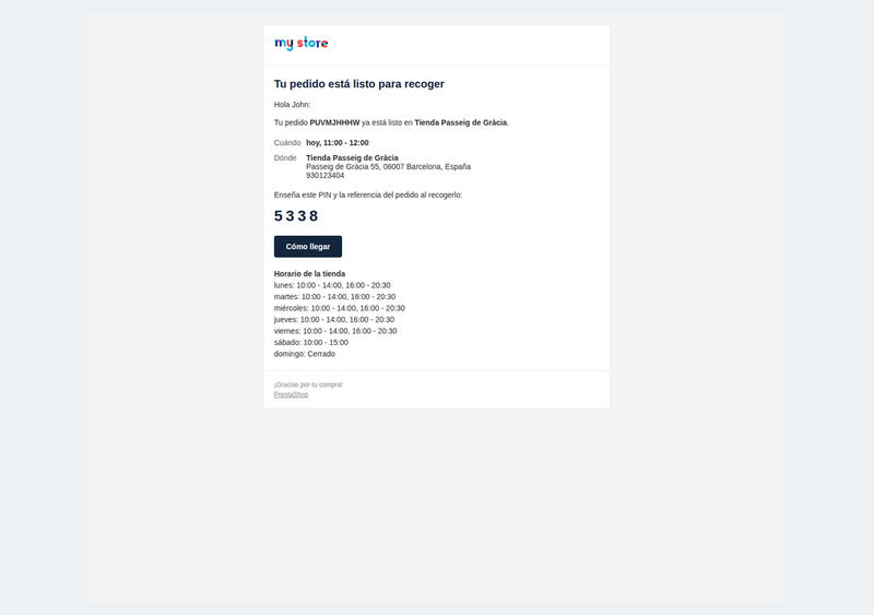 Correo al cliente con el pedido listo para recoger, horario y ruta