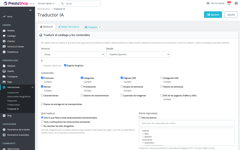 Traducción masiva del catálogo de PrestaShop con estimación de coste antes de empezar